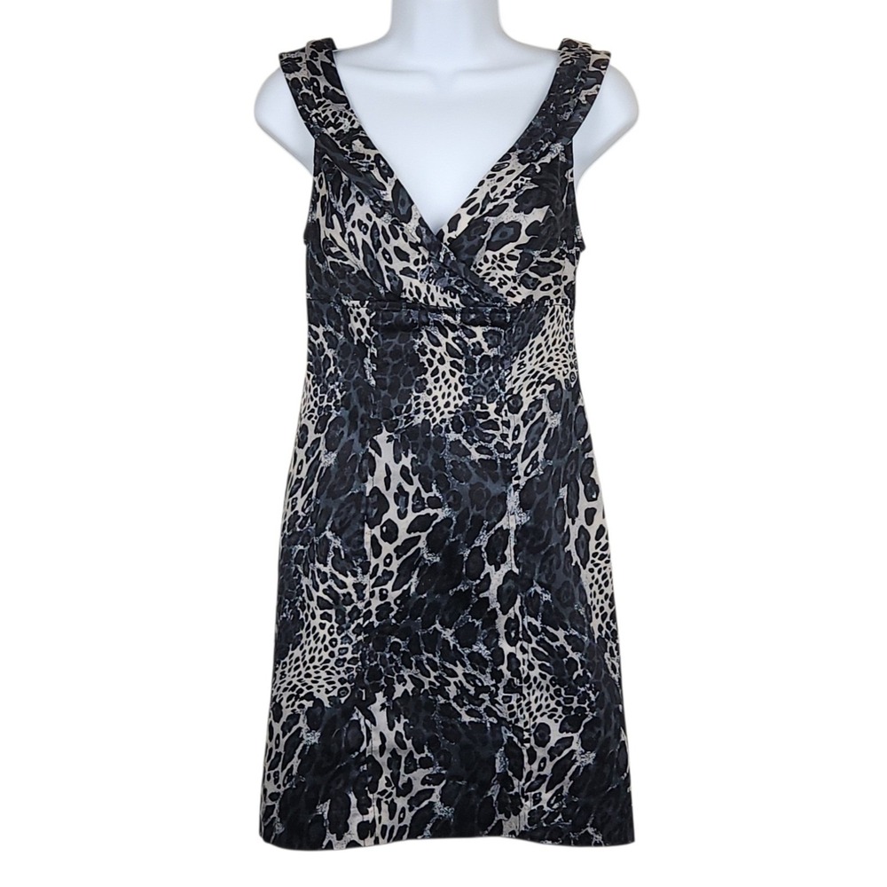 Guess Mob Wife Leopard Print Mini Dress Size 3 Grey Black‎ Stretch V Neck Indie